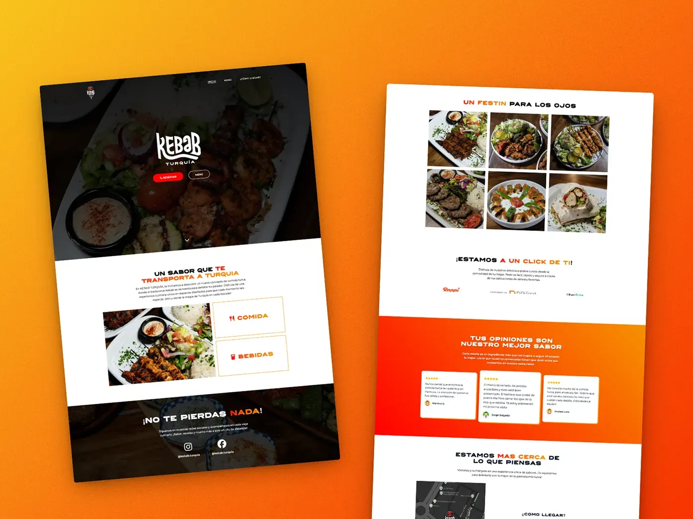 Página de inicio del sitio web de Kebab Turquía con fondo de platillo típico, logo del restaurante, botones de reservar y ver menú. Diseño atractivo enfocado en comida turca y experiencia gastronómica.