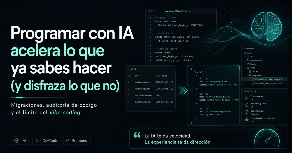 Imagen de portada sobre programación con IA, con código, interfaces de desarrollo y gráficos tecnológicos, acompañada del título “Programar con IA acelera lo que ya sabes hacer (y disfraza lo que no)”