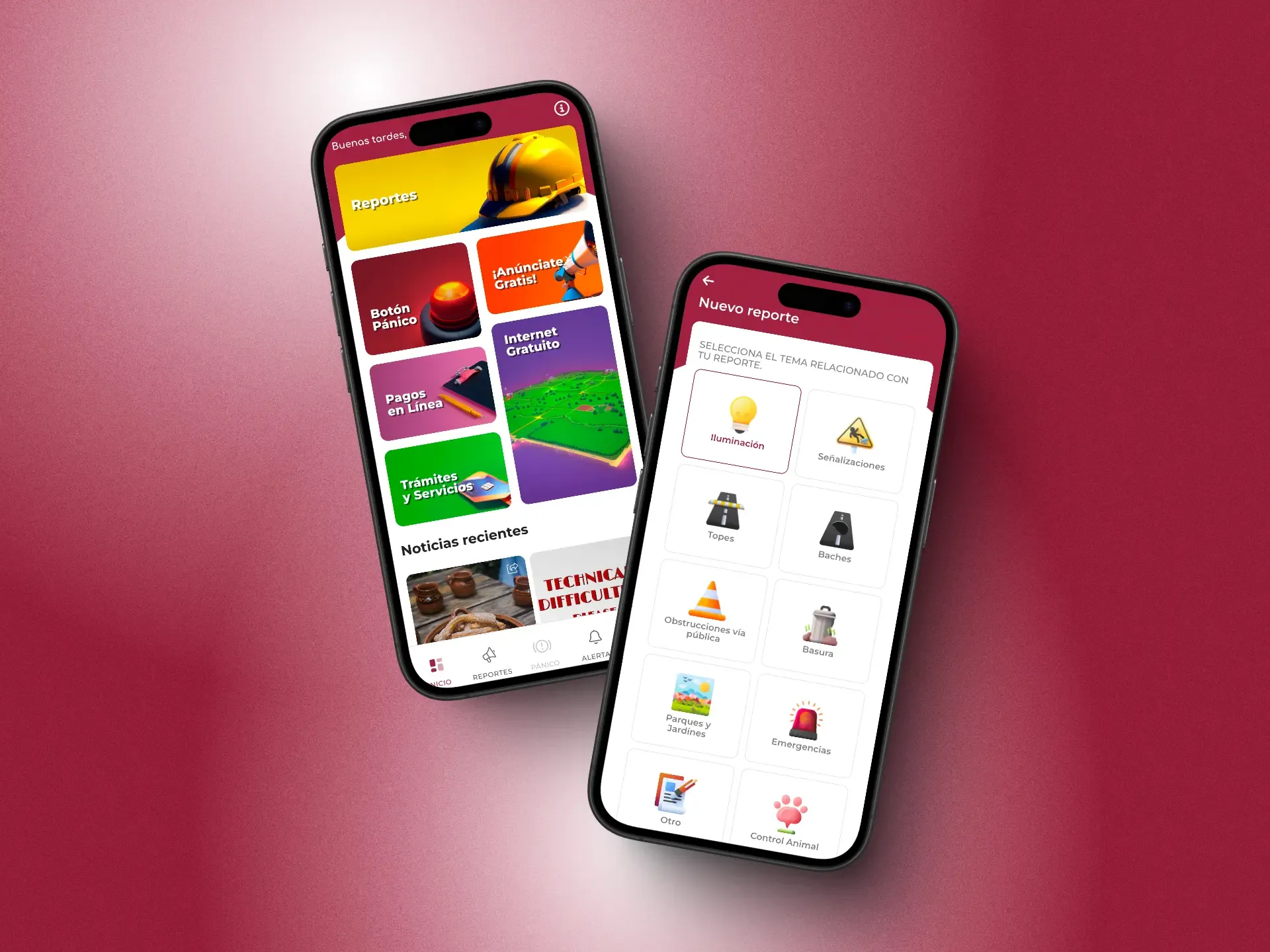 Vista de la app móvil TizAPP en dos smartphones, mostrando funciones como reportes ciudadanos, botón de pánico, pagos en línea, trámites, y categorías de incidentes como baches, basura y alumbrado público. Plataforma para mejorar la gestión municipal y participación ciudadana.
