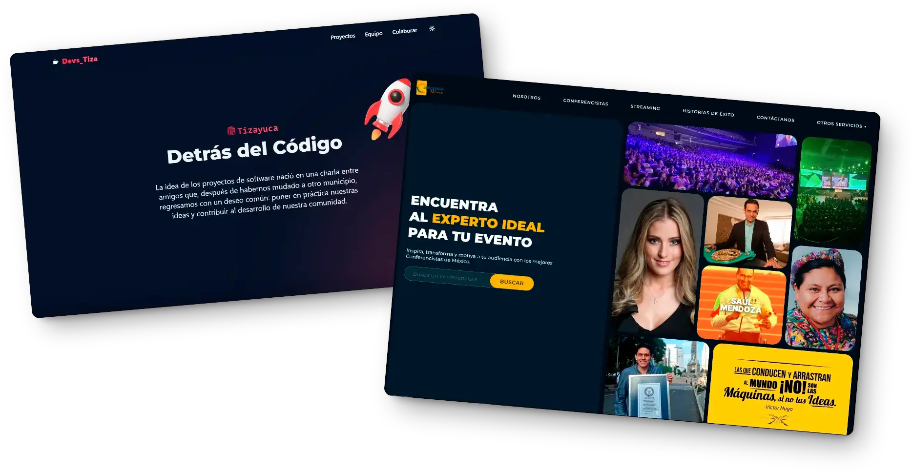 Vista de dos interfaces de sitios web con diseño moderno y oscuro. La primera pantalla muestra el título 'Detrás del Código' con un cohete y un fondo oscuro, explicando el origen de un proyecto de software comunitario. La segunda pantalla presenta una plataforma para encontrar conferencistas, con un diseño atractivo, fotos de expertos y un botón de búsqueda destacado.