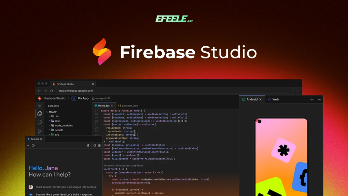Captura de pantalla que muestra el entorno de desarrollo Firebase Studio en modo oscuro, con la estructura de archivos, el archivo Home.tsx abierto, vistas de Android y Web para previsualizar la app, y un panel de chat con Gemini, sobre un fondo degradado en tonos rojizos.