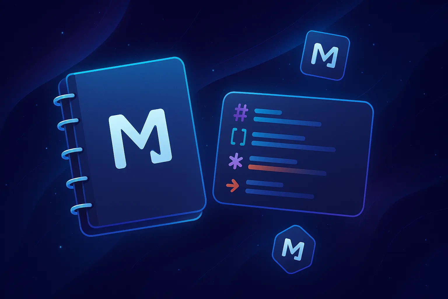 Ilustración digital con temática de Markdown en un entorno espacial moderno, con un cuaderno 3D y el logo de Markdown brillando sobre un fondo cósmico azul y púrpura.