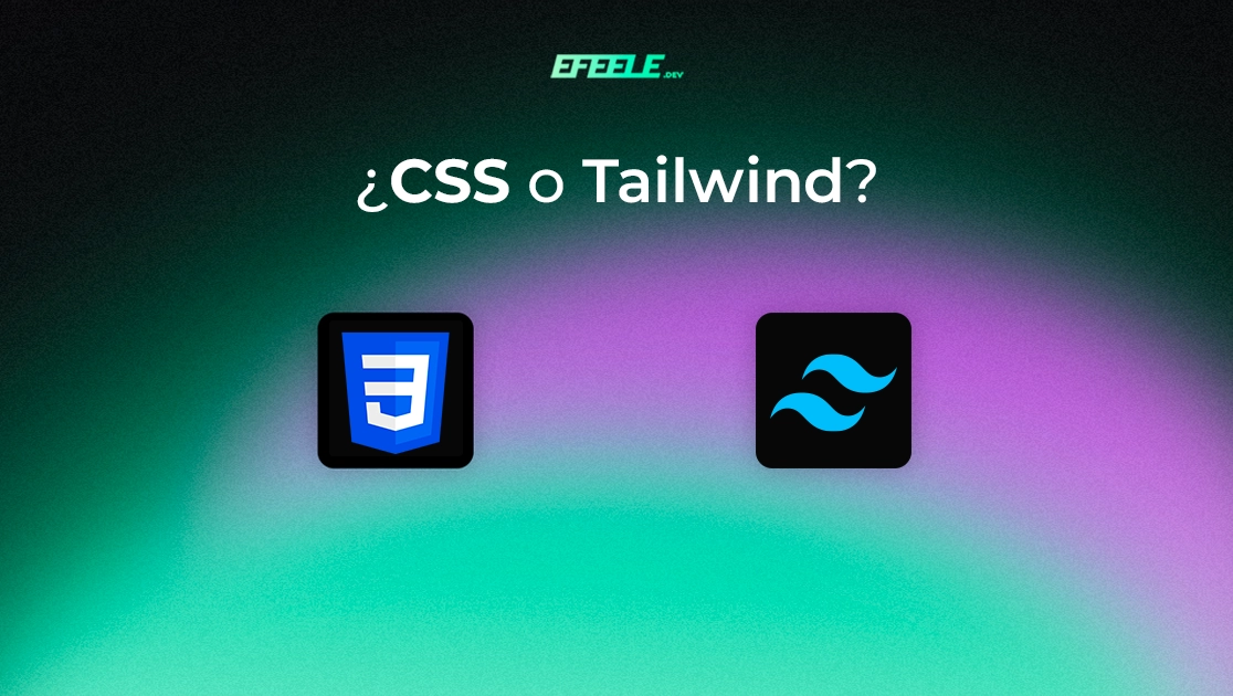 Comparativa visual entre CSS y Tailwind CSS con sus respectivos logotipos sobre fondo degradado verde y morado