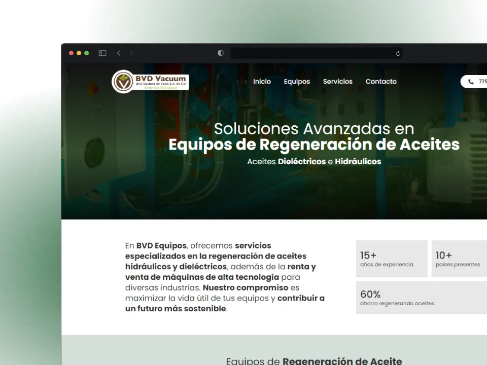 Captura del sitio web de BVD Vacuum mostrando su página principal, con un encabezado que promociona soluciones avanzadas en equipos de regeneración de aceites dieléctricos e hidráulicos. Incluye estadísticas destacadas de experiencia, presencia internacional y ahorro en regeneración, acompañado de un menú de navegación en la parte superior.