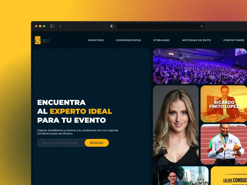 Página principal del sitio Conferencistas México con buscador de expertos para eventos, perfiles destacados como Ricardo Finito López y ponentes reconocidos, ideal para contratar conferencistas profesionales en México.