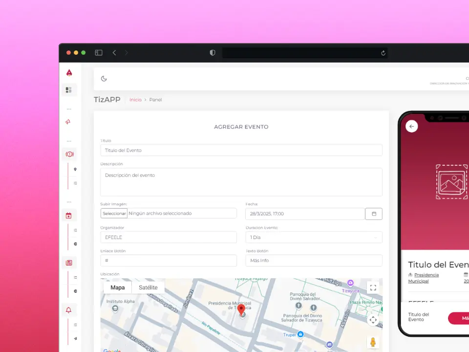 Dashboard de TizAPP para gestión de eventos, con formulario para agregar título, descripción, ubicación en mapa y detalles del evento, acompañado de vista previa móvil. Plataforma ideal para organizar eventos locales desde una interfaz intuitiva.
