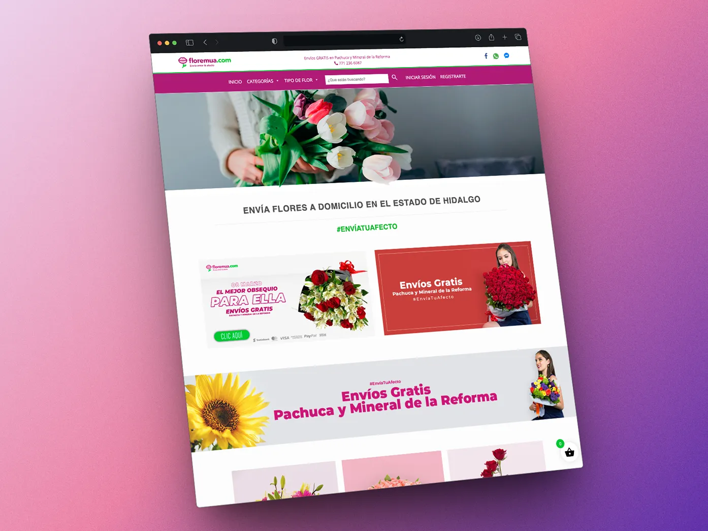 Captura de pantalla del sitio web Floremua.com, una tienda en línea de florería que ofrece envío de flores a domicilio en el estado de Hidalgo, con promociones y diseño moderno en tonos rosa y blanco.