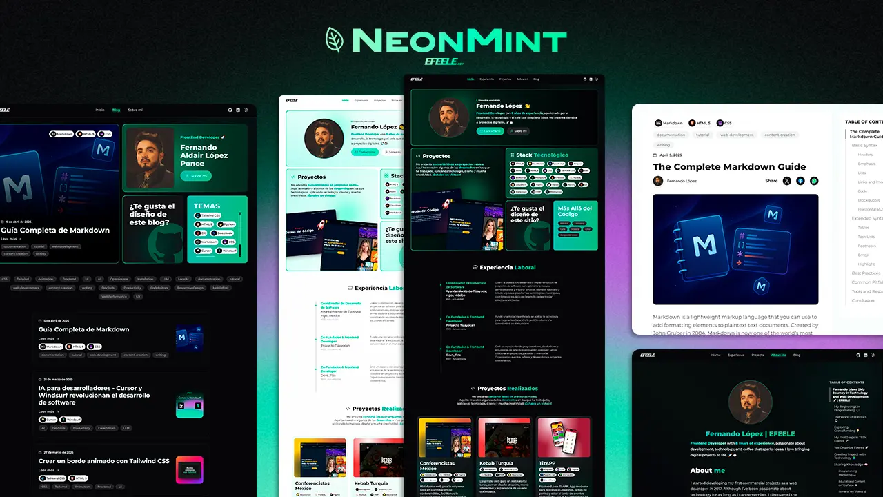 Vista previa del theme NeonMint para Astro, mostrando diferentes secciones de un portafolio y blog personal. Se aprecian variantes en modo claro y oscuro, con diseños modernos, tarjetas de proyectos, guías de markdown, experiencia laboral y una navegación lateral. El estilo visual destaca por colores verde menta, negro y blanco, con tipografía clara y etiquetas tecnológicas.