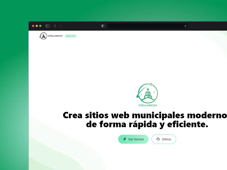 Página principal de Stellargov, plataforma para crear sitios web municipales modernos, con diseño minimalista, botón de acceso a GitHub y enfoque en eficiencia y desarrollo rápido para gobiernos locales.