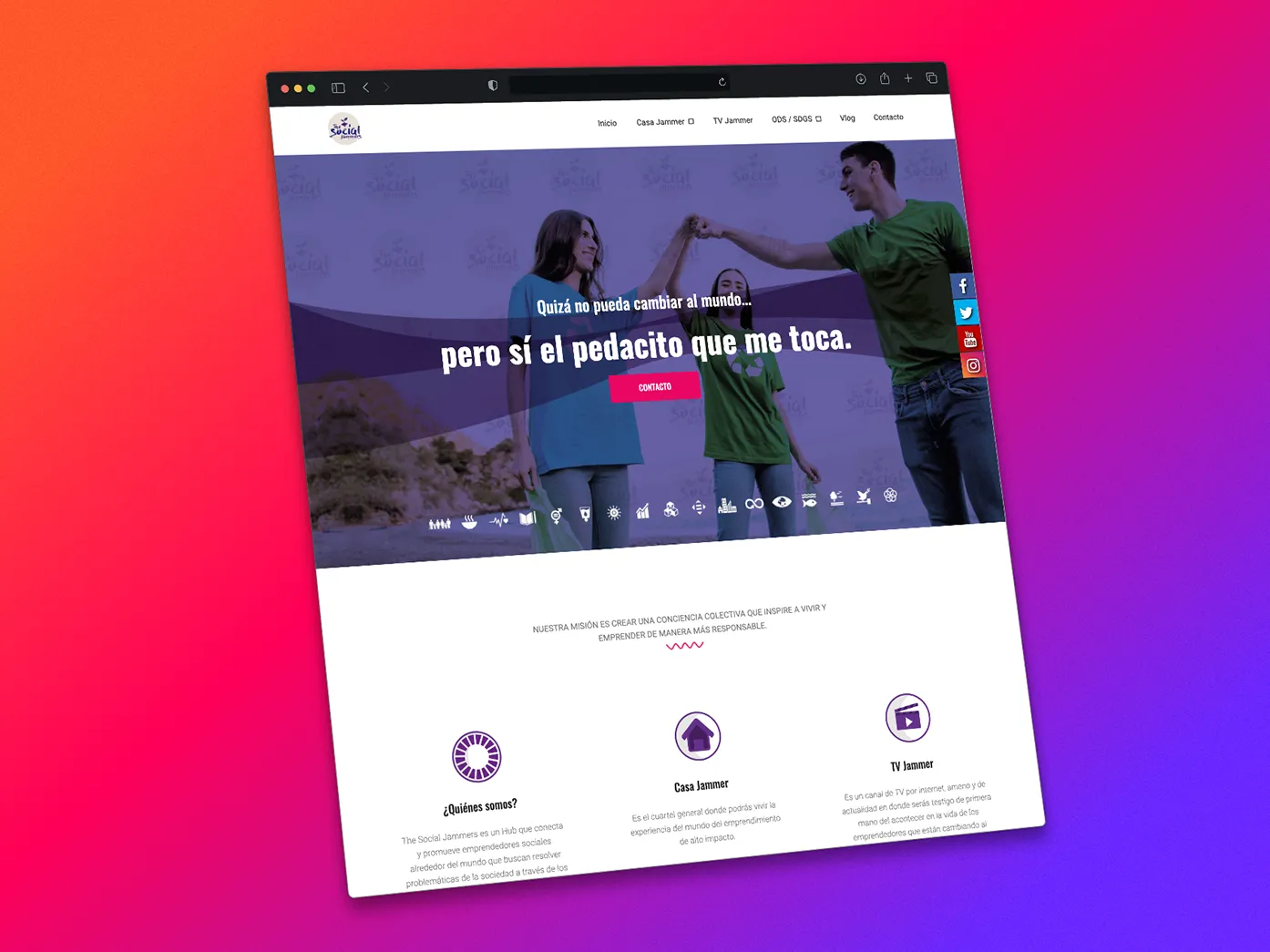 Diseño del sitio web The Social Jammers, un Hub que conecta y promueve emprendedores sociales alrededor del mundo.