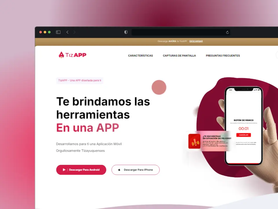 Landing page oficial de TizAPP, aplicación móvil desarrollada en Tizayuca con herramientas ciudadanas como botón de pánico. Incluye enlaces de descarga para Android e iPhone y enfoque en seguridad y servicios municipales.