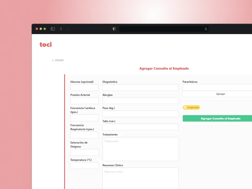 Formulario digital de Toci para registrar consultas médicas de empleados, con campos clínicos como presión arterial, diagnóstico, alergias, tratamiento y opción de incapacidad. Plataforma para gestión de salud ocupacional.