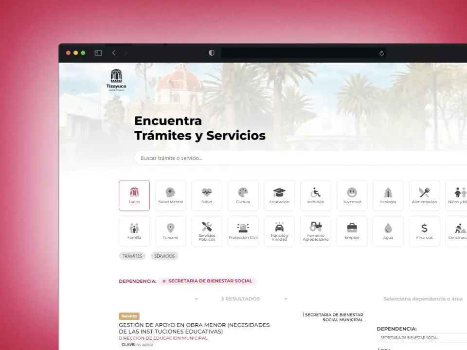 Plataforma digital de trámites y servicios del municipio de Tizayuca, con buscador inteligente y categorías como salud, educación, empleo, ecología y finanzas. Sistema para consultar y gestionar servicios públicos en línea.